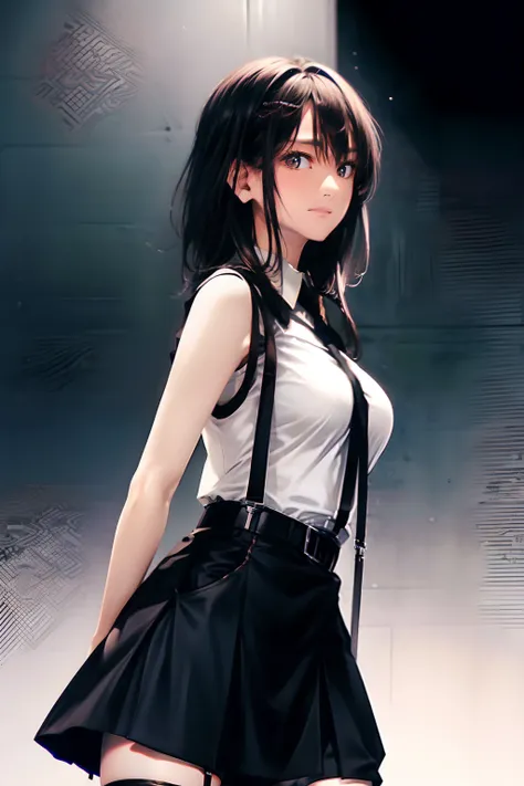 a black skirt, neck tie, Tank tops　suspenders, Long Black Hair, Gray eyes, holster, Garter belt on the legs, , Moderately breasts, Pichi Pichi clothes, both sides　　Behind　a belt