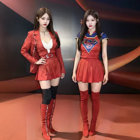 full body shot of chinese supergirl with red over-the-knee boots on her lower body