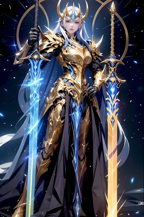 a stunning paladin in golden armor, holding two radiant sword. their determined blue eyes navigate the dark cityscape, illuminat...