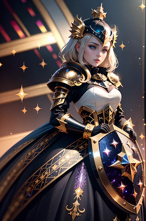 dark fantasy aesthetics, white black and gold core, full body shot, (russian_face_girl is royal knight:1.3), (japan anime inspire:1.15), (graphic novel illustration:1.2), (a ornament sword with speed line:1.3), intricate detailed parade armor, steel boot, ...