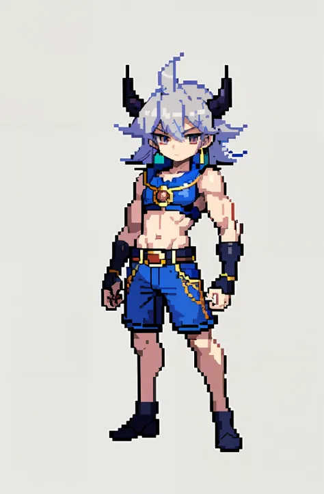 masterpiece, top quality, best quality), pixel,pixel art, 1 boy, taurus boy, yugioh, fullbody, no background, horns, muscular, grey hair