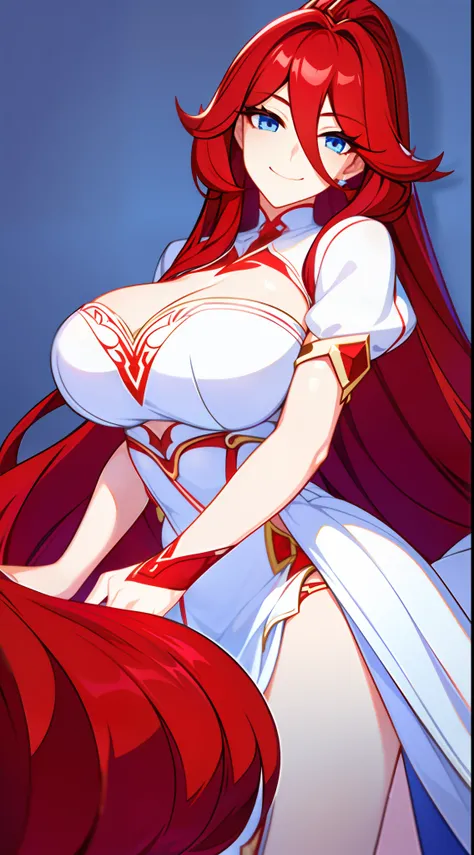 Young girl, Long red hair, blue eyes, huge breasts, white princess dress, open chest, smile, Masterpiece, hiquality