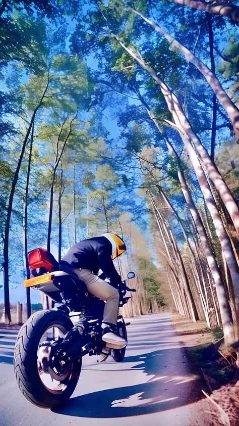 There was a man riding a motorcycle on a road in the woods, riding on the road, Trees in the background, Handsome guy on a motorcycle, riding motorcycles, shot on kodak vision 200t, 3 5mm Kodak color ektochrome, Shoot with an analog camera, 35mm color lomo...