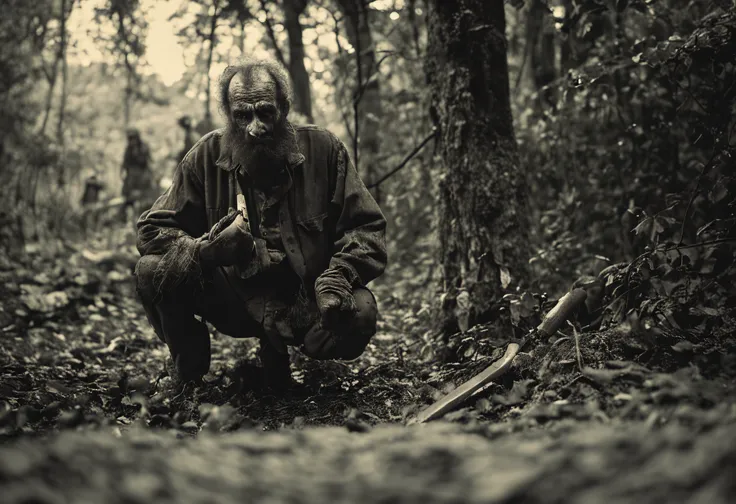 foto registro, antiga, homem na floresta, aspecto anos 60, with axe in hand, manchado com sangue, terror, atitude suspeita, menacing stare, roupas de terror, setealem...