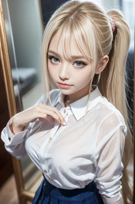 portlate、((School Uniforms:1.5))、bright expression、poneyTail、Young shiny shiny white shiny skin、Best Looks、Blonde reflected light、Platinum blonde hair with dazzling highlights、shiny light hair,、Super long silky straight hair、Beautiful bangs that shine、Glow...