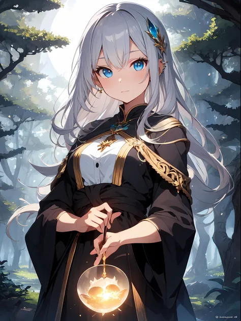 masterpiece, best quality, ultra-detailed, illustration, Character: mysterious sorceress
Style: enchanting fantasy
Features: piercing blue eyes, flowing silver hair, ornate robes
Details: casting a spell, holding a crystal orb, moonlit forest background