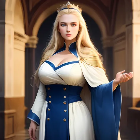 Antique white robe，blond hairbl，Blue eyes，Big-breasted royal sister，，photorealestic