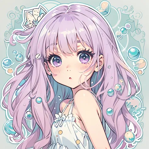 Sticker, Cute anime girl head, Long pink hairstyle,Light purple eyes，Cute white dress，The feeling of water droplets around，in circle, White background, Light blue background，Simple, Ultra detailed, Detailed drawing, vectorised, Silhouette, 8K, professional...