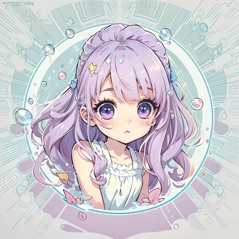 Sticker, Cute anime girl head, Long pink hairstyle,Light purple eyes，Cute white dress，The feeling of water droplets around，in circle, White background, Light blue background，Simple, Ultra detailed, Detailed drawing, vectorised, Silhouette, 8K, professional...