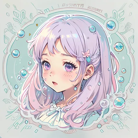 Sticker, Cute anime girl head, Long pink hairstyle,Light purple eyes，Cute white dress，The feeling of water droplets around，in circle, White background, Light blue background，Simple, Ultra detailed, Detailed drawing, vectorised, Silhouette, 8K, professional...