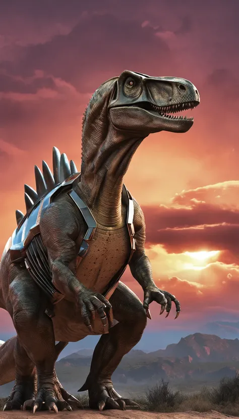 The image depicts a fascinating fusion between the "Homem de Ferro" e um "Tiranossauro Rex". This creative interpretation combines the striking characteristics of the hero with the grandeur and majesty of one of the most iconic dinosaurs.

O corpo do perso...