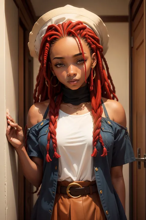 African American woman with Red Faux Locs. Modest.