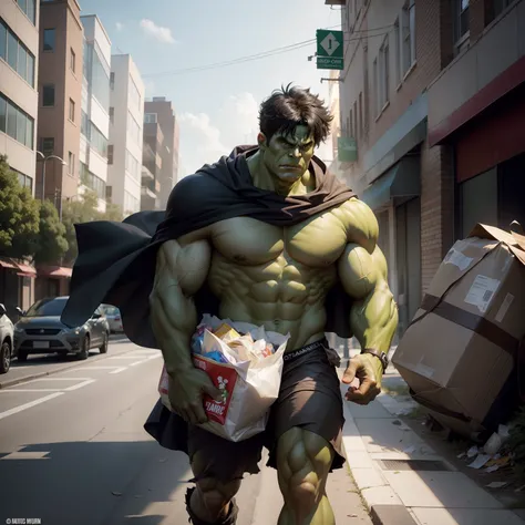 Instead of being accompanied by a cape, hulk as a garbage collector is accompanied by a bag of trash to save the Earth from the damage caused by waste