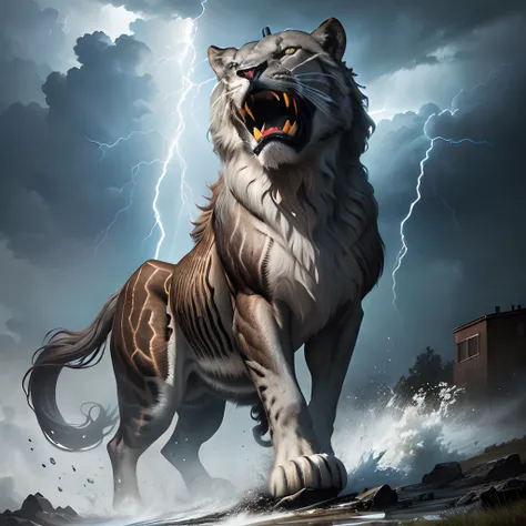 Roaring lion super detailed hyper realistic master piece with thunder storm Epic scene