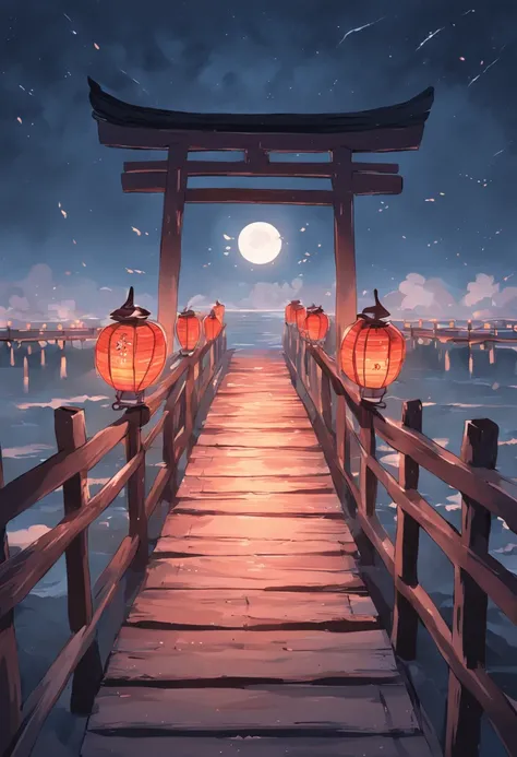 On a wooden bridge over the sea，nigh sky，themoon，Chinese lanterns