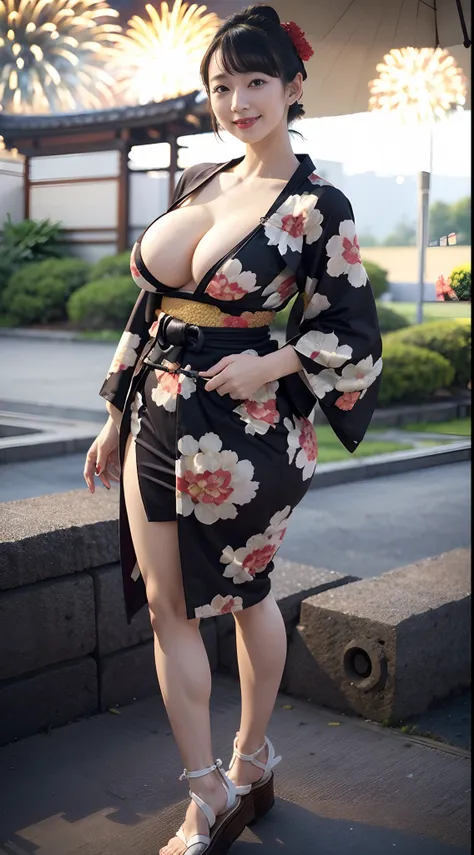 in 8k、超a high resolution、best quality、masutepiece (large breasts、gargantuan butt、toned body:1.7)(long black kimono with firework...