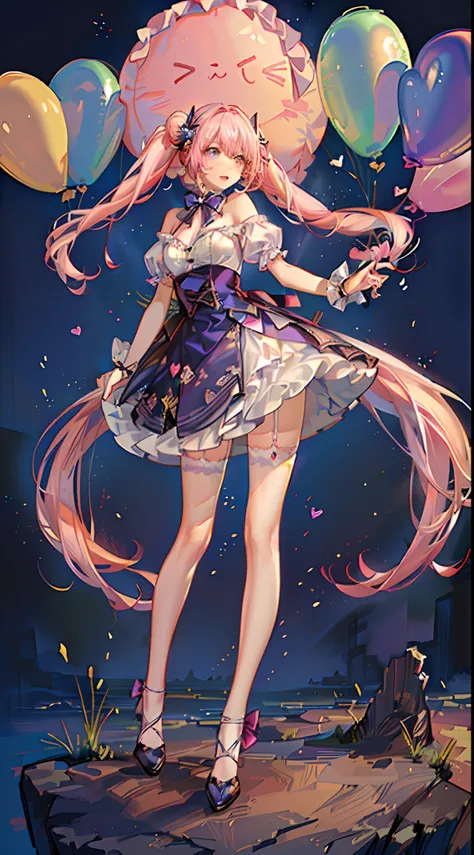 (fullbody, legs and shoes visible: 1.2)) expressive eyes, 1girl, pale skin, long hair, windblown hair, ((absurdly long hair)), long sidelocks, hime bangs, hair fringe, hair bun, ((very long twintails)), iridescent hair, light pink hair, blushing, full face...