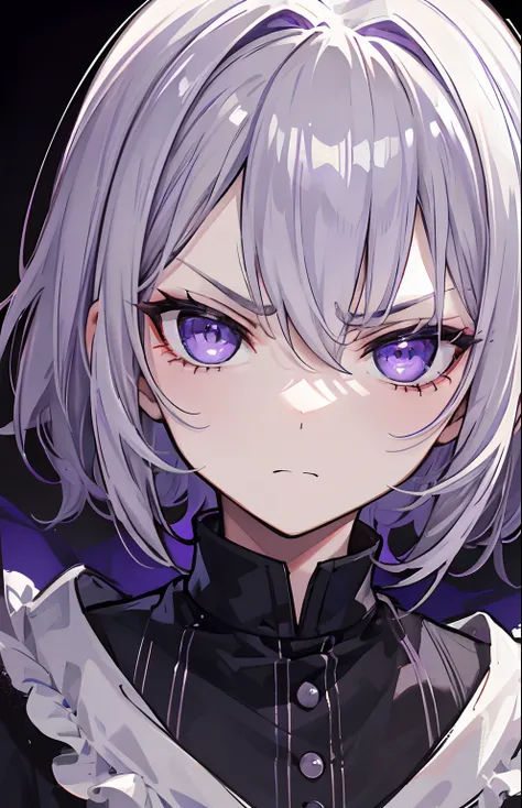 1 little boy，Gray hair，Purple eye，angry look，The identity is a young master of an aristocratic family，teardrop，The background is a dark room，Close-up portrait of the face