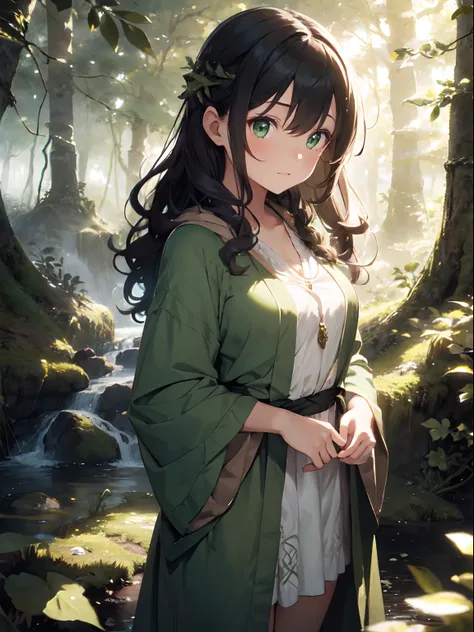 1girl ,masterpiece, best quality, ultra-detailed, illustration, nature-loving druid , mystical nature, serene green eyes, wild curly hair with leaves woven in, earth-toned robes, communing with animals, standing in a lush forest glade