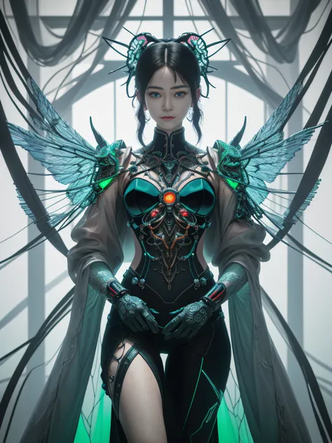 The biomechanical cyborg aesthetic captured with an analog 150mm lens highlights the stunning intricate body poses of the Angel of Death，Soft natural edge light and neon lights（Fluorescent blue and fluorescent green）Textures enhance this visual effect。The ...