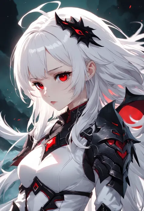 A little girl vampire, in a dark fantasy setting, white hair, red eyes, jade like white skin, black armor wore under a white suit. Add a monster as a pet