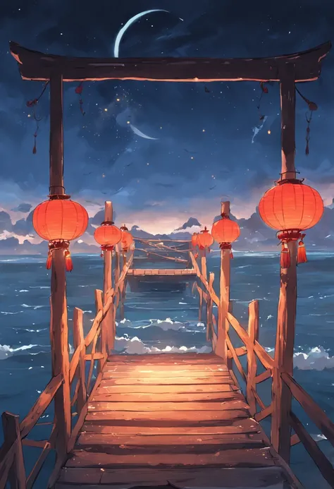 On the sea is a wooden bridge across the sea，nigh sky，themoon，Chinese lanterns，China-style