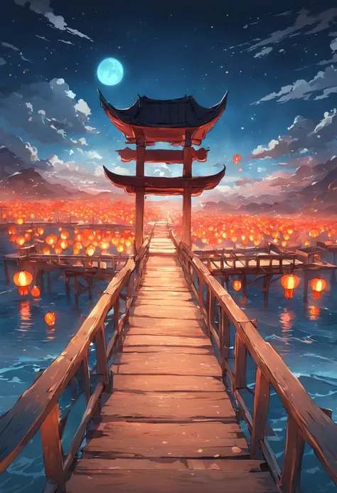 On the sea is a wooden bridge across the sea，nigh sky，themoon，Chinese lanterns，China-style