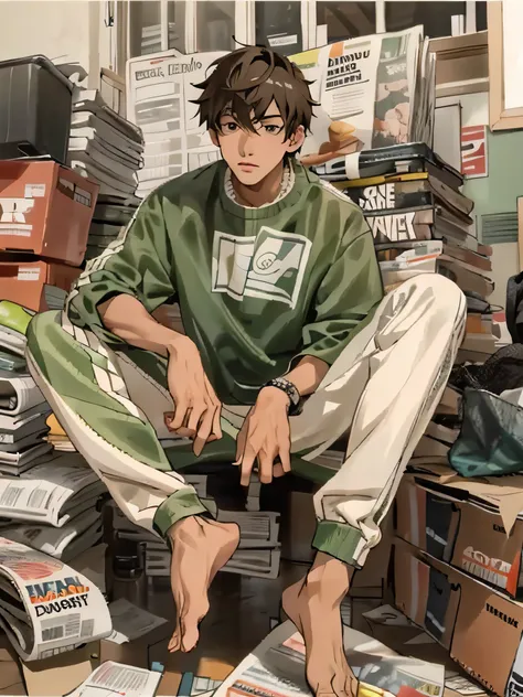 Good-looking boy sitting on a pile of newspapers，Feet on a pile of newspapers, streetwear fashion, casual streetwear,newspaper style, casual clothing style, Cute casual streetwear for men,