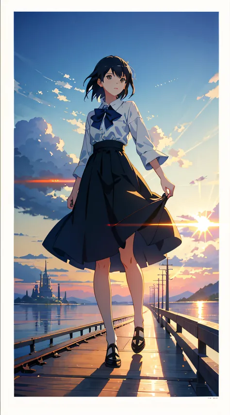 High quality masterpiece ，scenecy，Anime train passing through bodies of water on tracks， nigh sky。Romantic train，pixiv，concept-art，Lofi art style，Reflectors。 by makoto shinkai, lofi art, beautiful anime scenes, Anime landscapes, Detailed scenery —width 672...