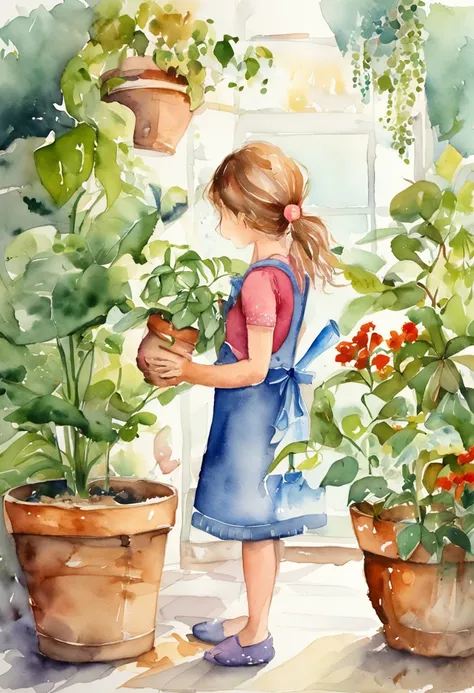 a girl is watering plants in a plant store