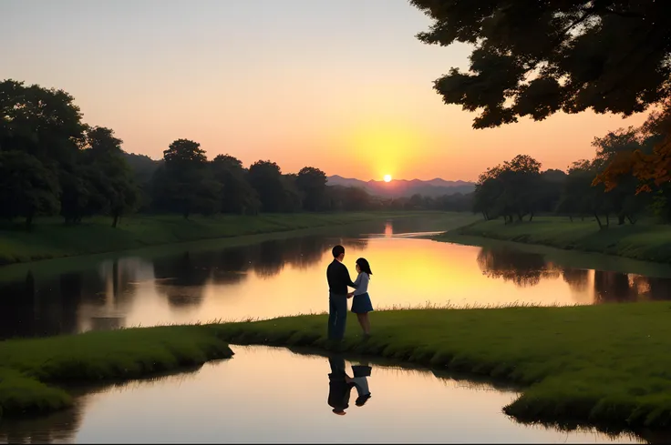 The evening breeze blows through the meadows, and the river reflects the setting sun。Boys and girls look at each other affectionately