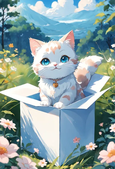 Cute watercolor Cute happy cat in gift box , blue sky nature background, simple line drawing, holly hobby style, completely white background