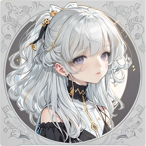 Sticker, Cute anime girl head, long layered silvery white hair,Light purple eyes，Black dress，Pout，cute clothing，in circle, White background, Gold border，Simple, Ultra detailed, Detailed drawing, vectorised, Silhouette, 8K, professional sticker design, Flat...