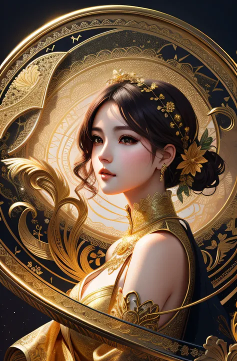 There was a woman in a golden dress holding a large golden thing, 8K stunning artwork, 8K high quality detailed art, 4k highly detailed digital art, Beautiful digital artwork, A beautiful artwork illustration, stunning digital illustration, Guviz-style art...