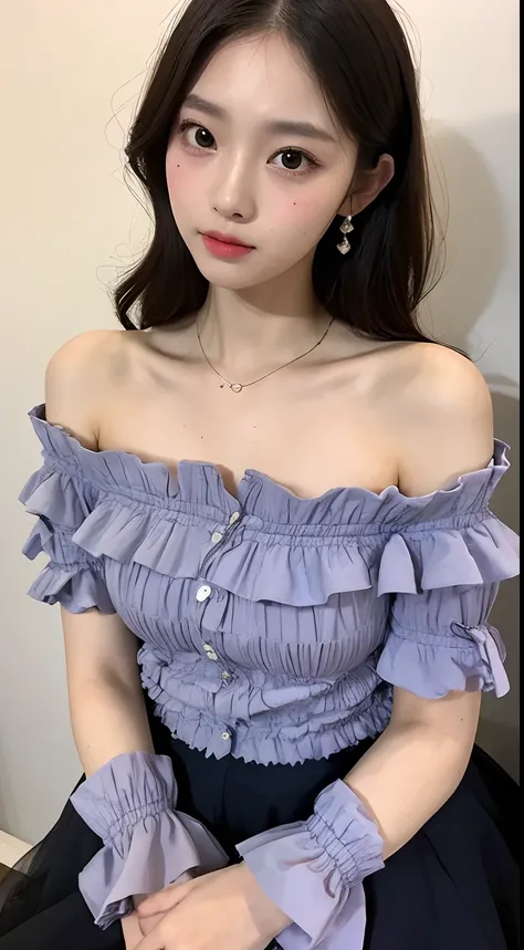 one American model ,Unique details, off shoulder frilly blouse, Near future, Curvilinear details , double eyelid, simple background