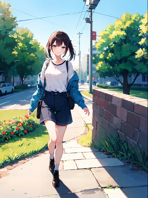 1girl,walking around the city,blue-sky