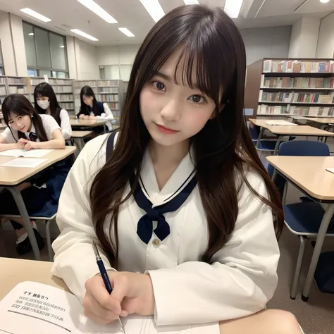 ​masterpiece、top-quality、Photo Realisticity、beautiful a girl、A dark-haired、japanes、High school students、Studying、atlibrary、School Uniforms、a sailor suit、have a pen、The table、Sitting on a chair