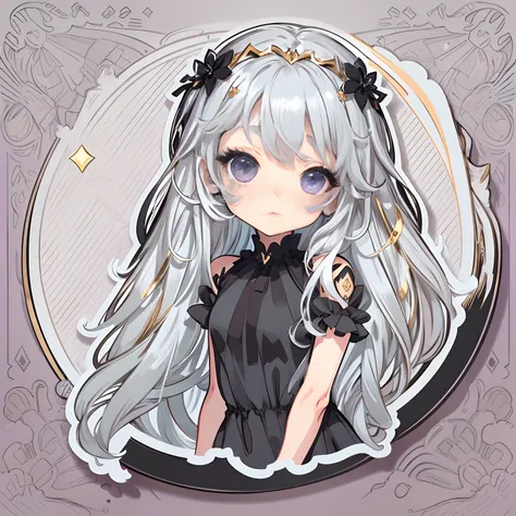 Sticker, Cute anime girl head, long layered silvery white hair,Light purple eyes，Black dress，Colorful pigments，Black princess dress，in circle, White background, Gold border，Simple, Ultra detailed, Detailed drawing, vectorised, Silhouette, 8K, professional ...