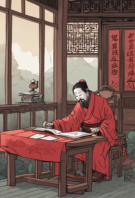 Xiucai, an ancient Chinese Qing dynasty, is reading a book of poetry，In front of him is a desk，There is a red lantern above the desk。There was a stack of books on the desk，Pen, ink and paper。