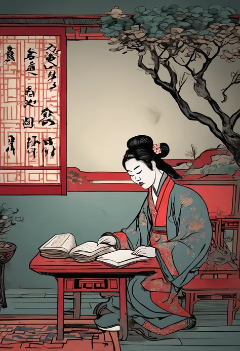 Xiucai, an ancient Chinese Qing dynasty, is reading a book of poetry，In front of him is a desk，There is a red lantern above the desk。There was a stack of books on the desk，Pen, ink and paper。