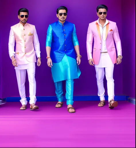 three men in suits and sunglasses standing next to each other, dressed in a jodhpuri suit, jayison devadas style, stylish pose, full body photgraph, wearing a kurta, full body photogenic shot, in style of neodada, full body photoshoot, full body shoot, dre...