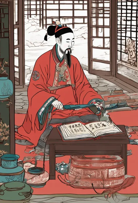 The young Xiucai of the ancient Qing Dynasty in China was reading a book of poetry，He was 20 years old，In front of him is a desk，There is a red lantern above the desk。There was a stack of books on the desk，Pen, ink and paper。