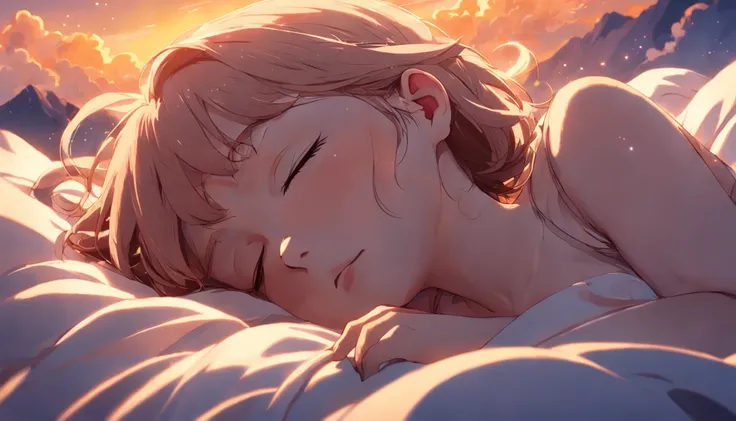 ​masterpiece, Highest Quality, MovieSteel, 1woman, Cloud Girl, Floating in the sky, close-up, brightness, happiness, Warm and soft lighting, sunset, Sleeping, Sleep on your stomach, sleep, eyes closed. (sparks:0.7)