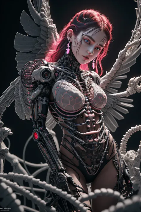 complex 3d render ultra detailed beautiful death angel, biomechanical cyborg, analog 150 mm lens, beautiful natural soft rim light, neon vein, roots, fine foliage lace, colorful details, Boris Bidjan Saberi outfit, pearl earrings, piercing, art nouveau fas...