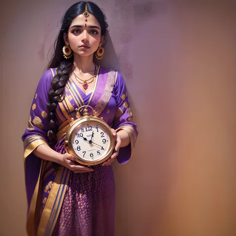 indian woman holds a clock beside a wall, photographic image by oddieteboa, in the style of purple and gold,whimsical ceramics, pont-aven school,colorful installations, elegant, emotive faces,life-sized installations,vibrant florals model:Digital -- ar 3:2...