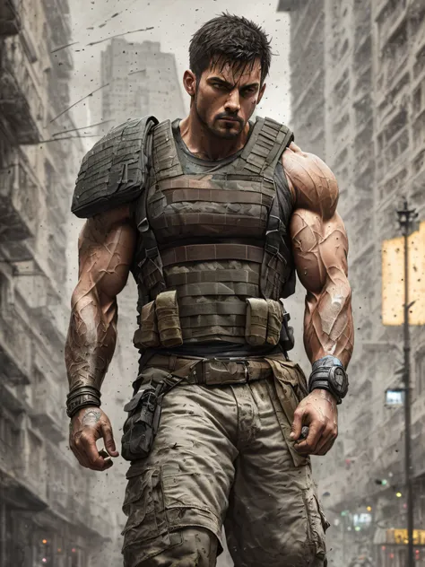 strong muscular man, street angry, backpack, epic realistic, photo, faded, complex stuff around, intricate background, soaking wet, neutral colors, ((((hdr)))), ((((muted colors)))), intricate scene, artstation, intricate details, vignette