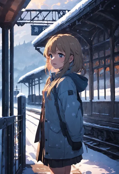 A beautiful girl standing alone at the ticket gate of an old train station in the countryside, looking into the distance as if waiting for a train. very beautiful face. Lonely laughing.
The snow is falling quietly. upper body.