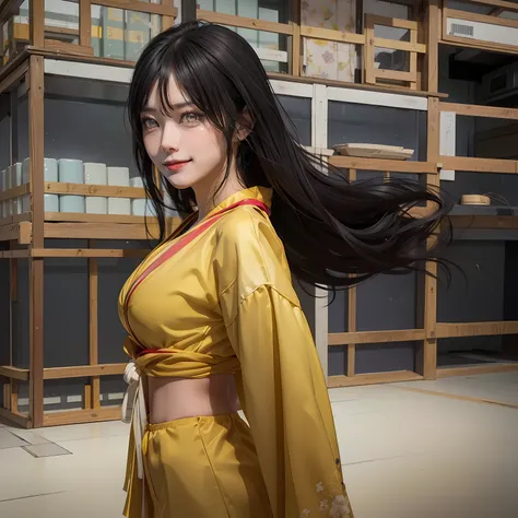 1girl, hyuga hanabi, long hair, sexy dress, black hair, white eyes, smile, beautiful, yellow clothes, very big breast, sexy clothes, indoor wallpaper, wallpaper realistic, wallpaper detail, indoor background, ultra detail, realistic