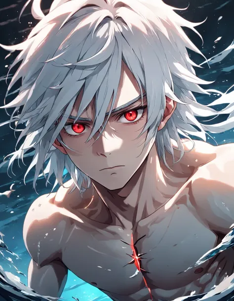 male people，((Masterpiece)), ((Best quality)), Ultra detailed,((illustration)), Dynamic Angle, Detailed light, (Delicate eyes), 1boy, Male focus, white hair, very long hair, red eyes, body immersed in water, mysterious storyline, Vibrant colors, Clear Line...