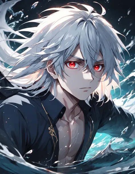 male people，((Masterpiece)), ((Best quality)), Ultra detailed,((illustration)), Dynamic Angle, Detailed light, (Delicate eyes), 1boy, Male focus, white hair, very long hair, red eyes, body immersed in water, mysterious storyline, Vibrant colors, Clear Line...